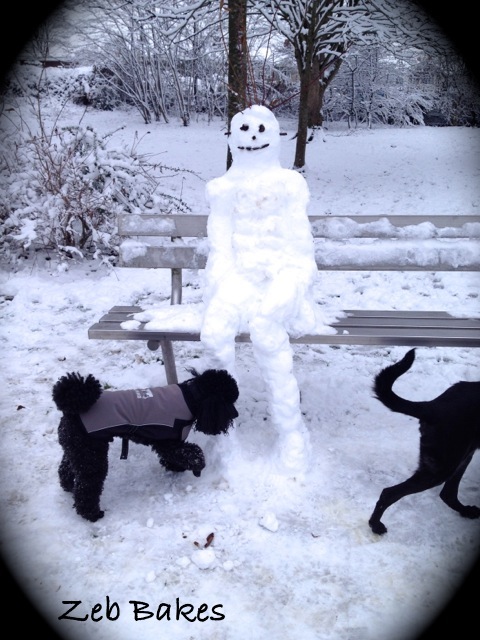 Zeb inspects snowman in Quarry Park