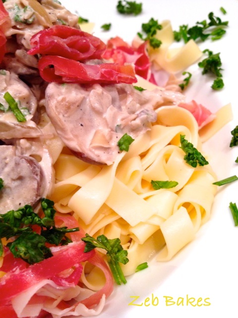 I served the tagliatelle with chestnut mushrooms, onion, parsley, and a sauce of Charvroux goats cheese and some Serrano ham